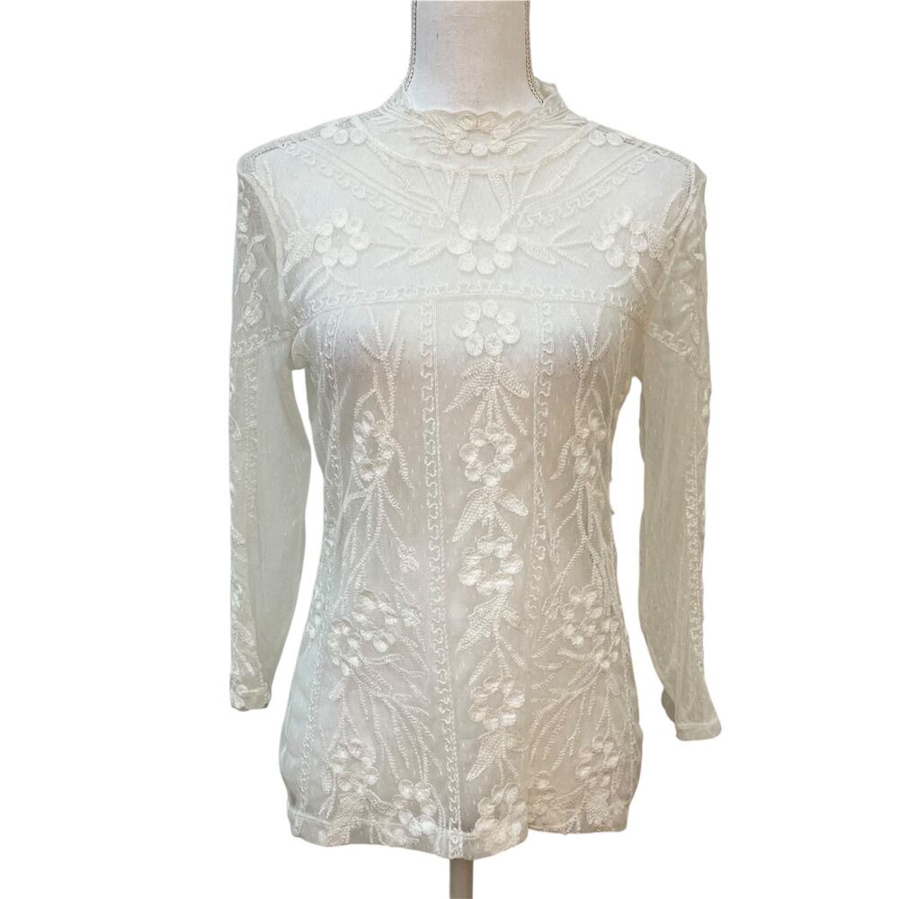 Sundance Cream Sheer Floral Embroidered Lace Size S High Neck 3/4 Sleeve Shirt